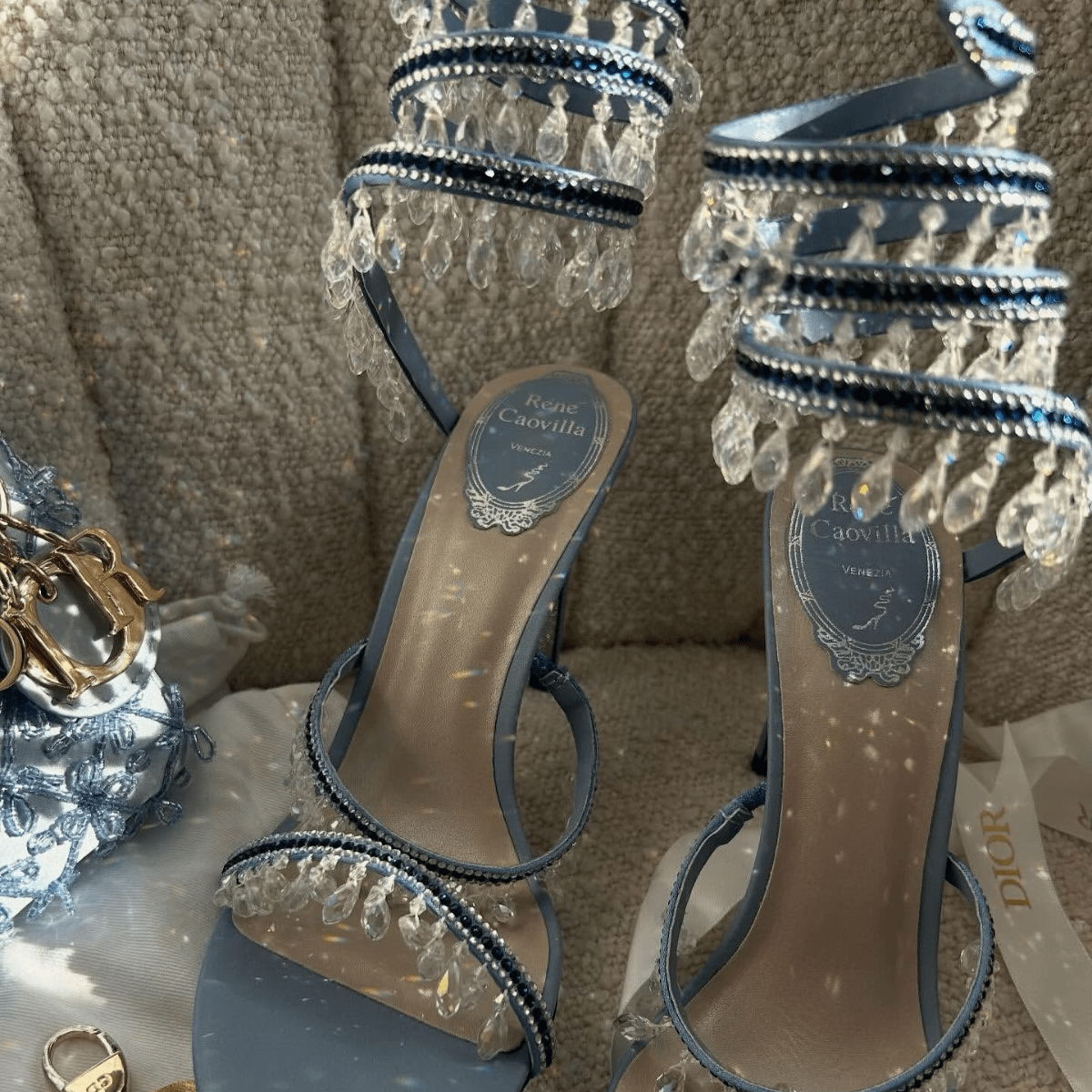 Lady Dior Micro Blue & René Caovilla Crystal Sandals Set