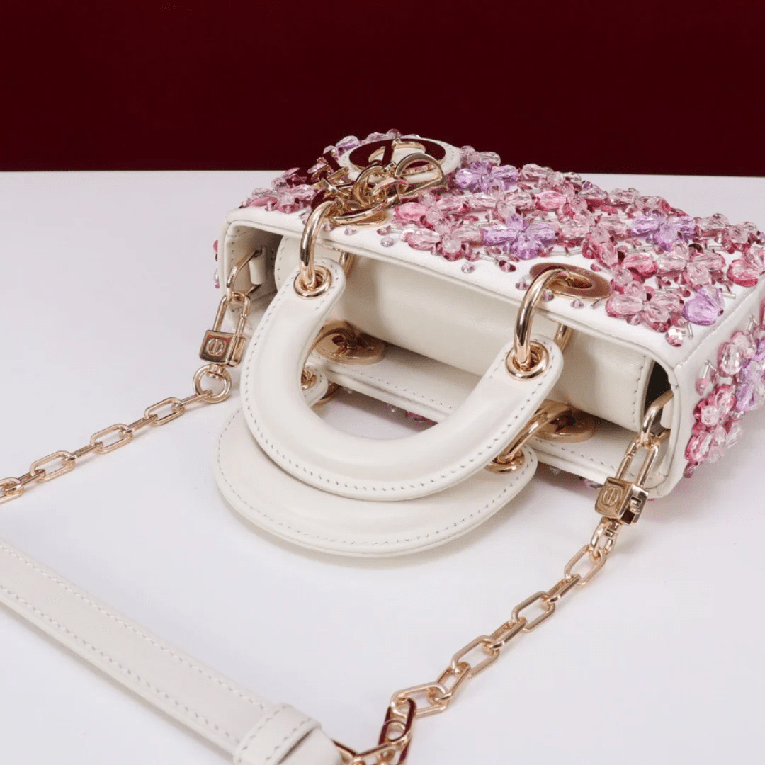 Dior Lady D-Joy Micro Bag in White Calfskin with Pink Floral Embroidery and Strass