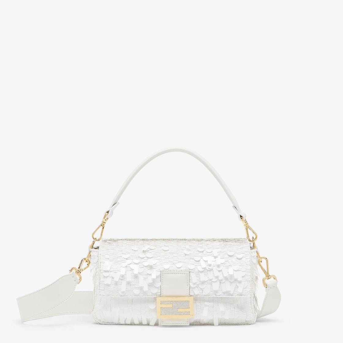 Fendi White Sequin und Leder Baguette Tasche